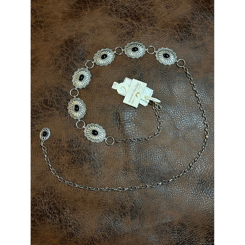 Modern Heritage Silver Concho Chain Belt Black Stone Southwestern Boho L/XL NEW